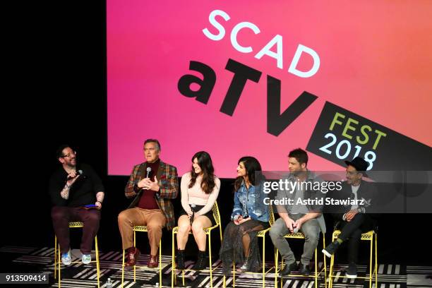 Damian Holbrook, Bruce Campbell, Arielle Carver-O'Neill, Dana DeLorenzo, Lindsay Farris, and Ray Santiago speak onstage during a screening and Q&A...