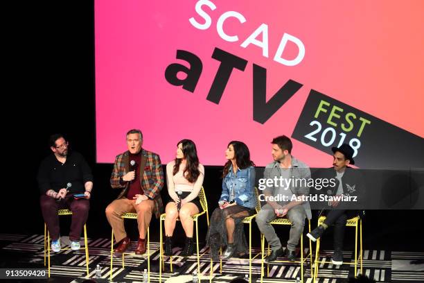 Damian Holbrook, Bruce Campbell, Arielle Carver-O'Neill, Dana DeLorenzo, Lindsay Farris, and Ray Santiago speak onstage during a screening and Q&A...