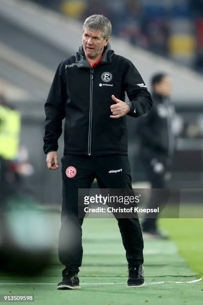 Head coach Friedhelm Funkel of Duesseldorf reacts during the Second Bundesliga match between Fortuna Duesseldorf and SV Sandhausen at Esprit-Arena on...