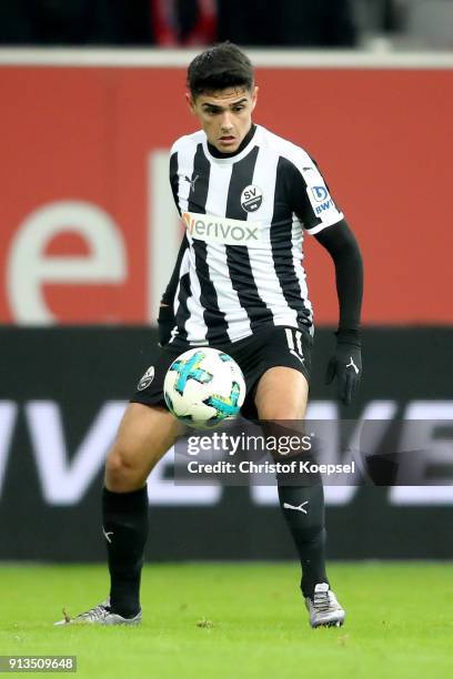 Eroll Zejnullahu of Sandhausen runs with the ball during the Second Bundesliga match between Fortuna Duesseldorf and SV Sandhausen at Esprit-Arena on...