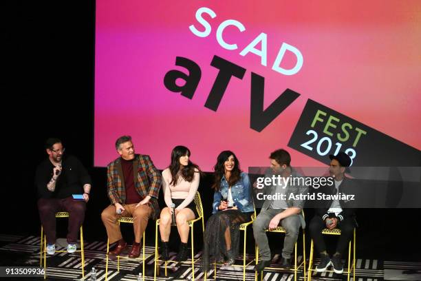 Damian Holbrook, Bruce Campbell, Arielle Carver-O'Neill, Dana DeLorenzo, Lindsay Farris, and Ray Santiago speak onstage during a screening and Q&A...