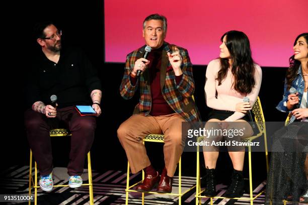 Damian Holbrook, Bruce Campbell, Arielle Carver-O'Neill, and Dana DeLorenzo speak onstage during a screening and Q&A for 'Ash vs Evil Dead'' on Day 2...