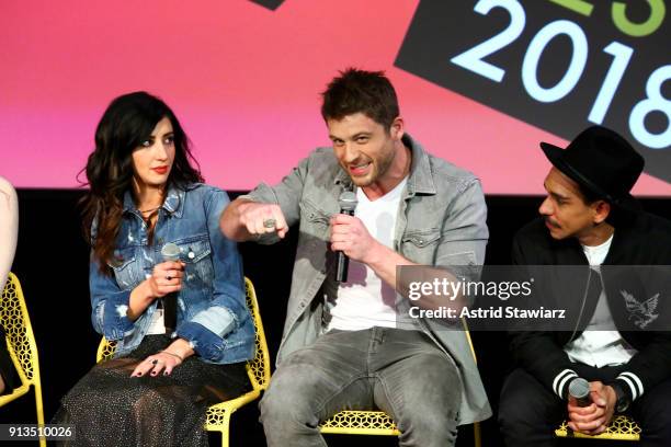 Dana DeLorenzo, Lindsay Farris, and Ray Santiago speak onstage during a screening and Q&A for 'Ash vs Evil Dead'' on Day 2 of the SCAD aTVfest 2018...