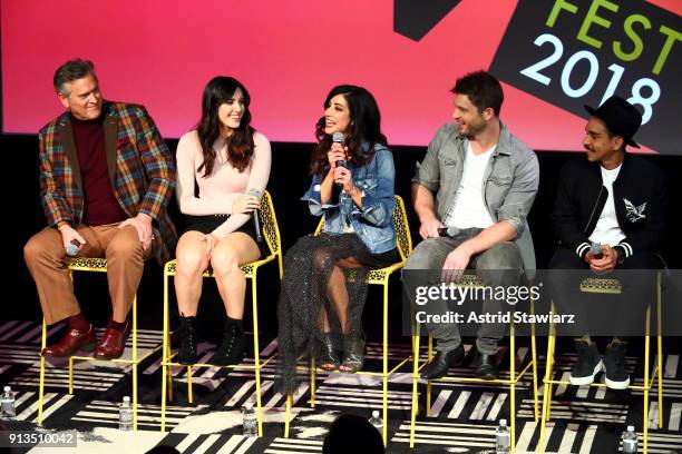 Actors Bruce Campbell, Arielle Carver-O'Neill, Dana DeLorenzo, Lindsay Farris, and Ray Santiago speak onstage during a screening and Q&A for 'Ash vs...