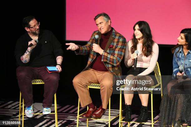 Damian Holbrook, Bruce Campbell, Arielle Carver-O'Neill, and Dana DeLorenzo speak onstage during a screening and Q&A for 'Ash vs Evil Dead'' on Day 2...