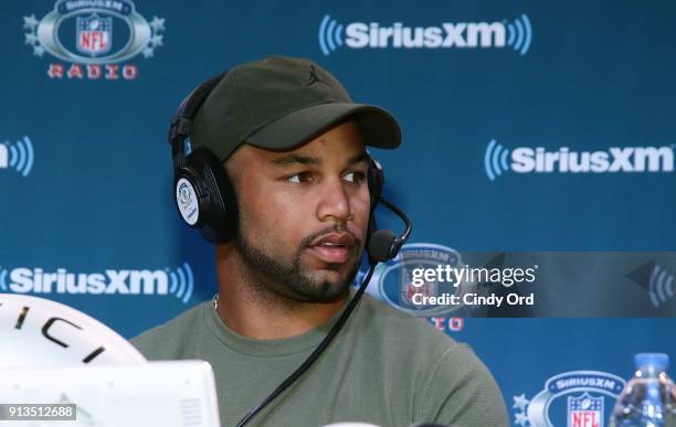 Player Golden Tate of the Detroit Lions attends SiriusXM at Super Bowl LII Radio Row at the Mall of America on February 2, 2018 in Bloomington,...