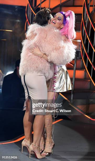 Emma Willis hugs Courtney Act as she is crowned winner during the 2018 Celebrity Big Brother Final at Elstree Studios on February 2, 2018 in...