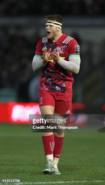 Henry Cheeseman of Harlequins in action during the Anglo Welsh Cup 4th Round Match between Northampton Saints and Harlequins at Franklin's Gardens on...
