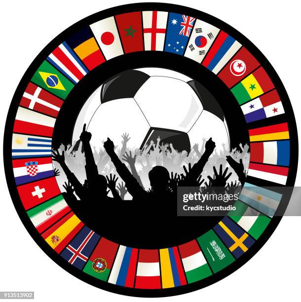 soccer emblem with ball, cheering fans, and circle of flags 2018 - argentina v egypt fifa u 20 world cup colombia 2011 round of 16 stock illustrations