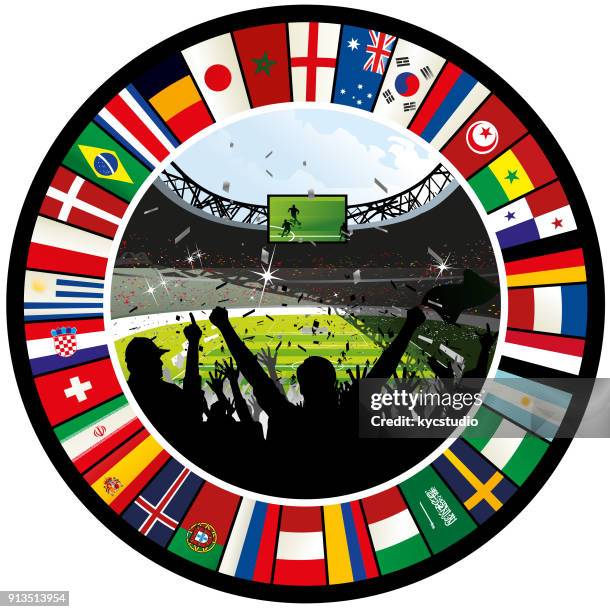 世界フラグ 2018 のリングに囲まれた歓呼サッカー - スポーツ観戦　日本点のイラスト素材／クリップアート素材／マンガ素材／アイコン素材
