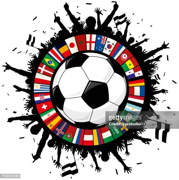 soccer emblem with ball, cheering fans, and circle of flags 2018 - international team soccer stock illustrations