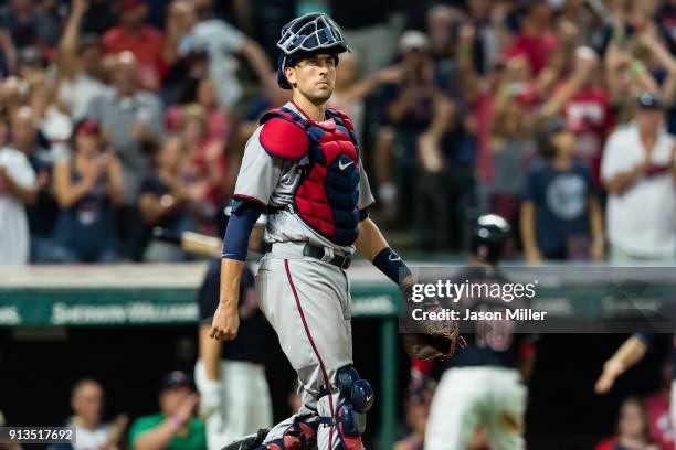 Catcher Jason Castro of the Minnesota Twins reacts after Edwin Encarnacion of the Cleveland Indians scores during the seventh inning at Progressive...