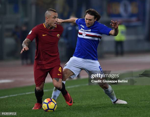Radja Nainggolan of AS Roma and Edgar Osvaldo Barreto of UC Sampdoria in action during the serie A match between AS Roma and UC Sampdoria at Stadio...