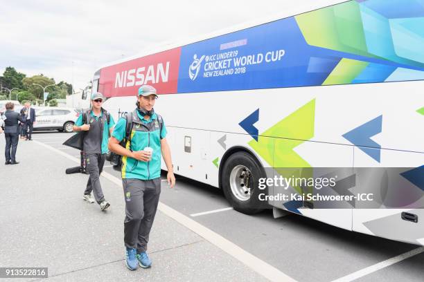 Jonathan Merlo of Australia arrives prior to the ICC U19 Cricket World Cup Final match between Australia and India at Bay Oval on February 3, 2018 in...