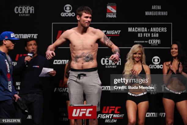 Tim Means of the United States poses on the scale during a UFC Fight Night weigh-in at Mangueirinho Arena on February 02, 2018 in Belem, Brazil.