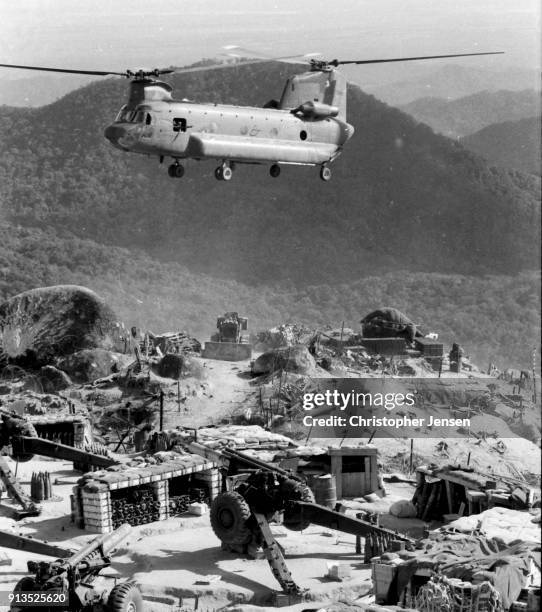 View of a US Army Boeing CH-47 Chinook helicopter as it hovers over Fire Support Base Ripcord, Republic of Vietnam, July 16, 1970. Given its...