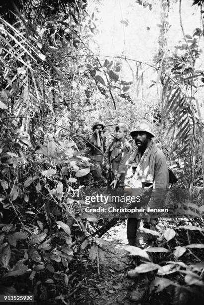Portrait of a trio of US Army soldiers in the jungle during a patrol, III Corps , Republic of Vietnam, December 28, 1970. The lead man carries an...
