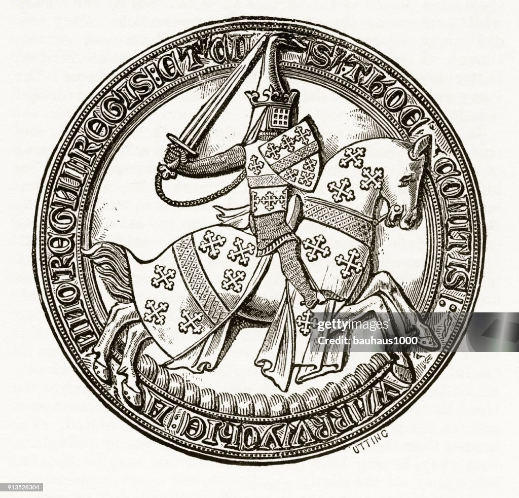 Medieval Knight On Horseback With Christian Symbolism Engraving High ...