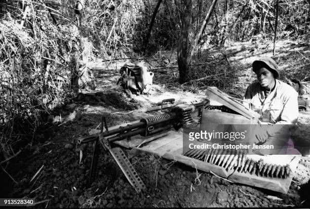 An unidentified US Army soldier with the 1st Cavalry Division sits beside his M60 machine gun during the New Year's Truce, III Corps , Republic of...