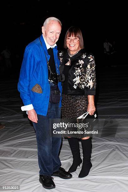 Bill Cunningham and a guest attend the Issey Miyake Pret-a-Porter show during the Paris Womenswear Fashion Week Spring/Summer 2010 on October 2, 2009...