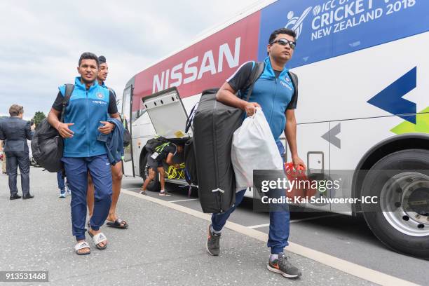 India arrive prior to the ICC U19 Cricket World Cup Final match between Australia and India at Bay Oval on February 3, 2018 in Tauranga, New Zealand.