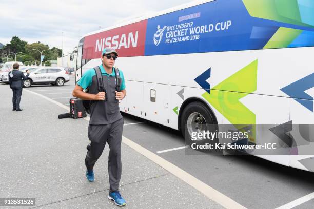 Xavier Bartlett of Australia arrives prior to the ICC U19 Cricket World Cup Final match between Australia and India at Bay Oval on February 3, 2018...