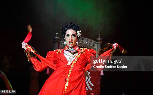 Burlesque dancer Trixee Sparkle performs on stage at Wintergarten Theater on October 2, 2009 in Berlin, Germany.
