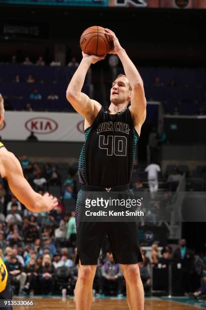 Cody Zeller of the Charlotte Hornets shoots the ball against the Indiana Pacers on February 2, 2018 at Spectrum Center in Charlotte, North Carolina....