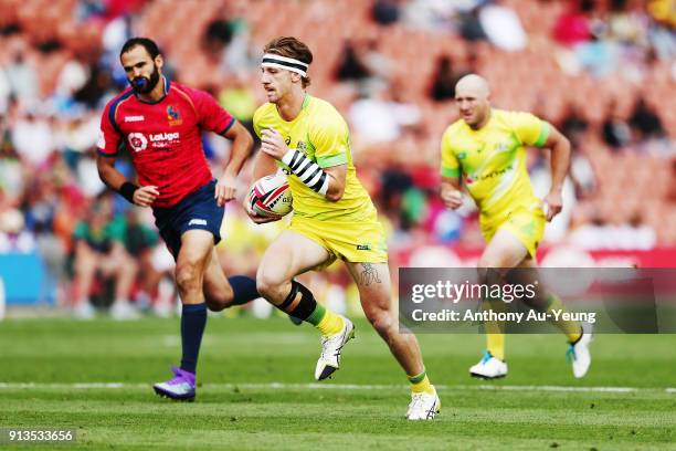 Ben O'Donnell of Australia makes a break against Spain during the 2018 New Zealand Sevens at FMG Stadium on February 3, 2018 in Hamilton, New Zealand.