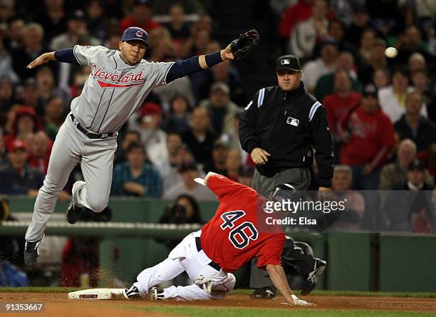 Jacoby Ellsbury of the Boston Red Sox steals third safely as Jhonny Peralta of the Cleveland Indians is unable to grab an errant throw in the first...