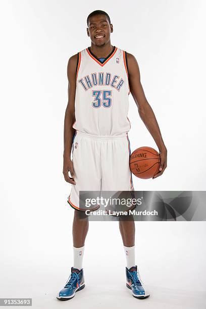 Kevin Durant of the Oklahoma City Thunder poses for a portrait during 2009 NBA Media Day on September 28, 2009 at the Cox Convention Center in...