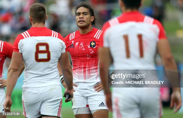 France's Pierre Gilles Lakafia reacts after the World Rugby Sevens Series match between New Zealand and France at Waikato Stadium in Hamilton on...