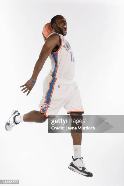 James Harden of the Oklahoma City Thunder poses for a portrait during 2009 NBA Media Day on September 28, 2009 at the Cox Convention Center in...