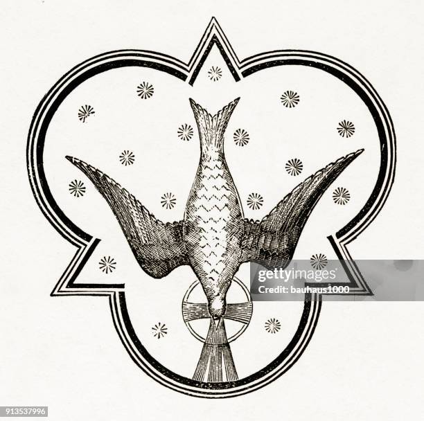 ilustrações de stock, clip art, desenhos animados e ícones de dove, holy spirit christian symbolism engraving - símbolo religioso