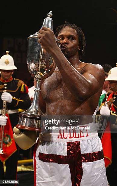 Audley Harrison wins the Prizefighter Heavyweights Trophy during The Prizefighter Series, The Heavyweights III at the Exel on October 2, 2009 in...