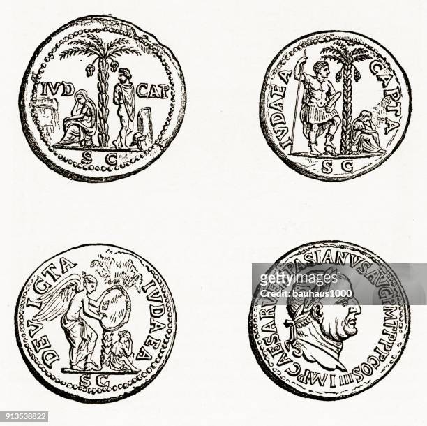 ancient roman and greek coins with christian symbolism engraving - ancient roman coin stock illustrations