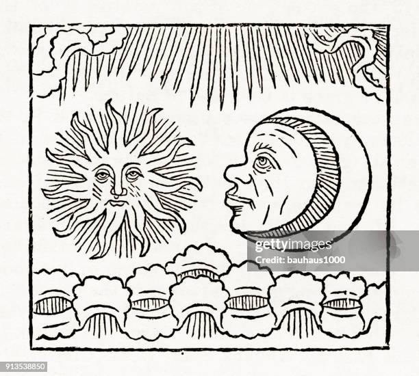 sun and moon, crucifixion christian symbolism engraving - eclipse solar stock illustrations