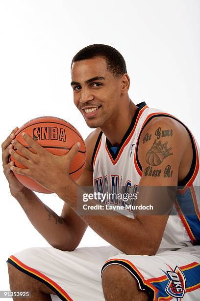 Thabo Sefolosha of the Oklahoma City Thunder poses for a portrait during 2009 NBA Media Day on September 28, 2009 at the Cox Convention Center in...