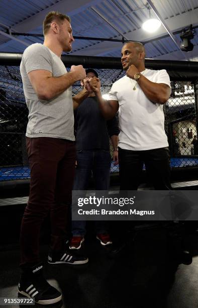 Stipe Miocic and Daniel Cormier face off during the The Ultimate Fighter: Undefeated Cast & Coaches Media Day inside the UFC Performance institute on...