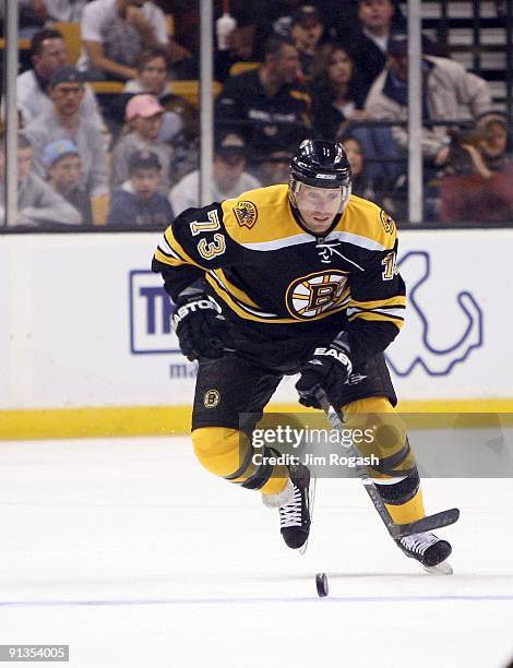 Michael Ryder of the Boston Bruins skates with the puck during the game against the Columbus Blue Jackets at the TD Banknorth Garden on September 26,...