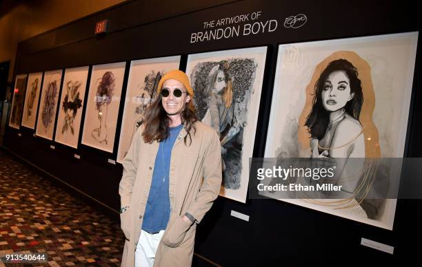 Singer Brandon Boyd of Incubus presents a display of his fine art giclee prints outside The Joint inside the Hard Rock Hotel & Casino ahead of the...