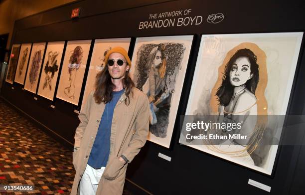 Singer Brandon Boyd of Incubus presents a display of his fine art giclee prints outside The Joint inside the Hard Rock Hotel & Casino ahead of the...