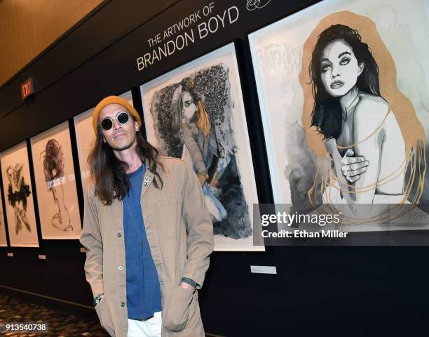 Singer Brandon Boyd of Incubus presents a display of his fine art giclee prints outside The Joint inside the Hard Rock Hotel & Casino ahead of the...