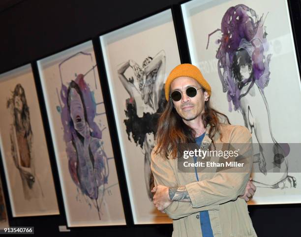 Singer Brandon Boyd of Incubus presents a display of his fine art giclee prints outside The Joint inside the Hard Rock Hotel & Casino ahead of the...