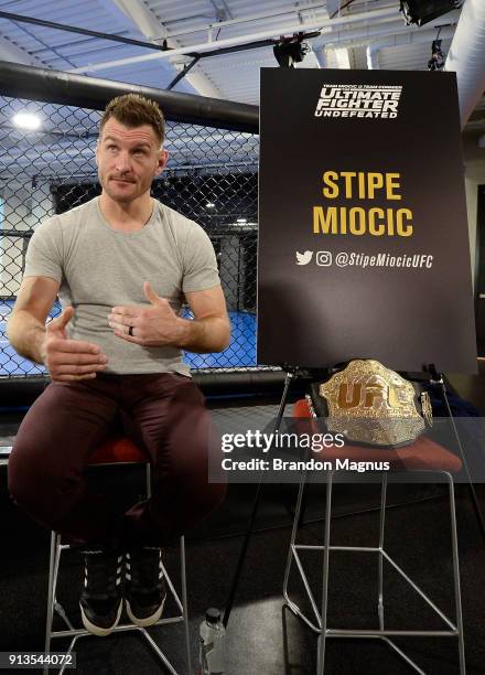 Stipe Miocic speaks to the media during the The Ultimate Fighter: Undefeated Cast & Coaches Media Day inside the UFC Performance institute on...