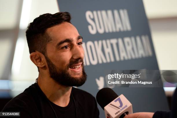Suman Mokhtarian speaks to the media during the The Ultimate Fighter: Undefeated Cast & Coaches Media Day inside the UFC Performance institute on...