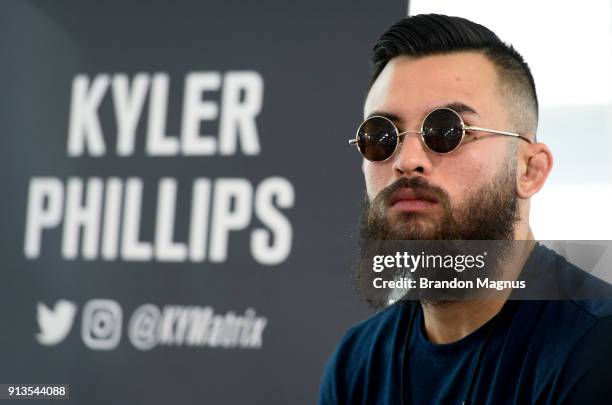 Kyler Phillips speaks to the media during the The Ultimate Fighter: Undefeated Cast & Coaches Media Day inside the UFC Performance institute on...
