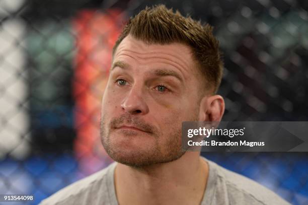 Stipe Miocic speaks to the media during the The Ultimate Fighter: Undefeated Cast & Coaches Media Day inside the UFC Performance institute on...