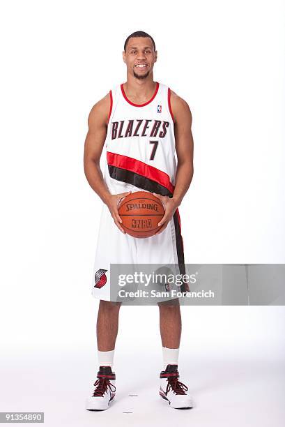 Brandon Roy of the Portland Trail Blazers poses for a portrait during 2009 NBA Media Day at The Rose Garden on September 28, 2009 in Portland,...