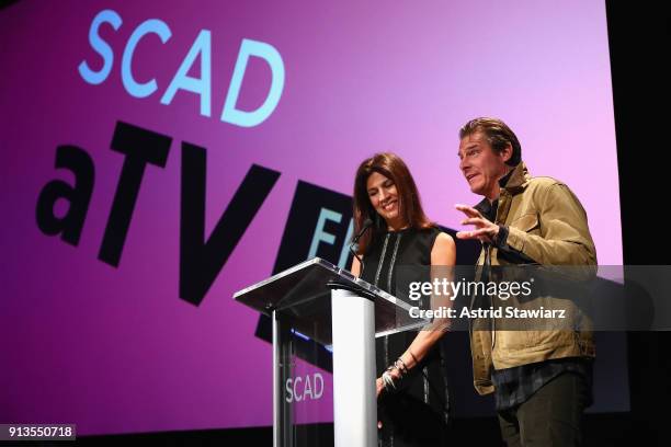 Hildi Santo-Tomas and Ty Pennington speak onstage during the Spotlight Award Presentation on Day 2 of the SCAD aTVfest 2018 on February 2, 2018 in...